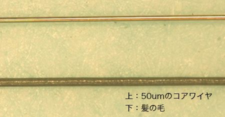 上：50umのコアワイヤ
 下：髪の毛